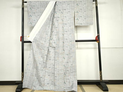 平和屋着物▽上質な紬 　単衣　更紗花文　正絹　逸品　未使用　AABI7266cs