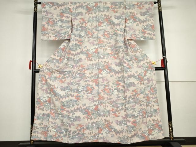 平和屋着物▽上質な小紋　単衣　人物風景文　正絹　逸品　AABI7272cs