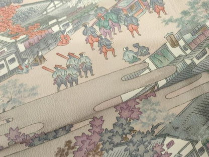 平和屋着物▽上質な小紋　単衣　人物風景文　正絹　逸品　AABI7272cs