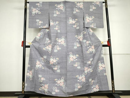 平和屋着物▽上質な紬　単衣　草花文　正絹　逸品　AABI7274cs