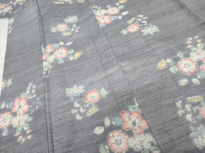 平和屋着物▽上質な紬　単衣　草花文　正絹　逸品　AABI7274cs