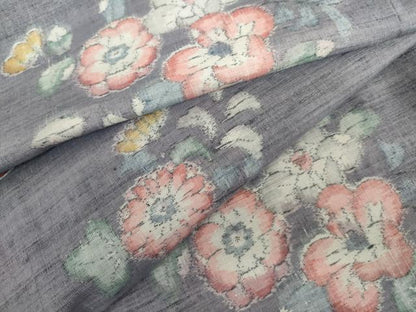 平和屋着物▽上質な紬　単衣　草花文　正絹　逸品　AABI7274cs