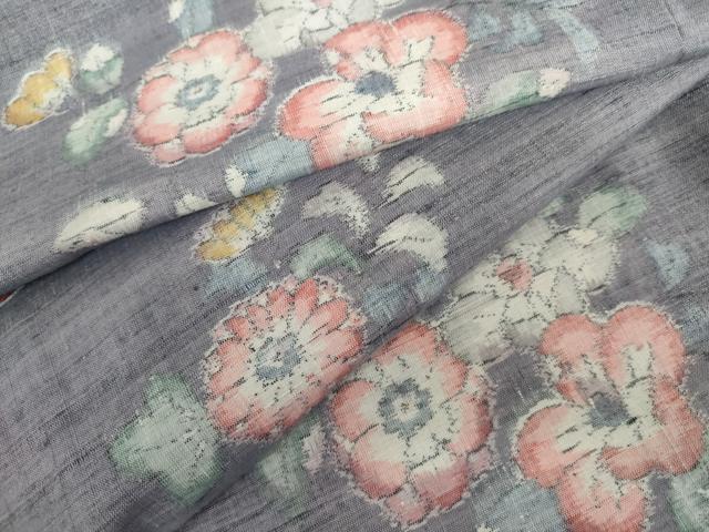 平和屋着物▽上質な紬　単衣　草花文　正絹　逸品　AABI7274cs