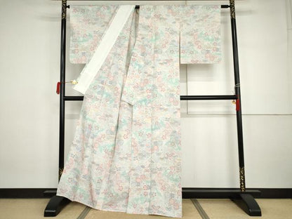 平和屋着物▽上質な紬　単衣　松竹梅文　正絹　逸品　AABI7275cs