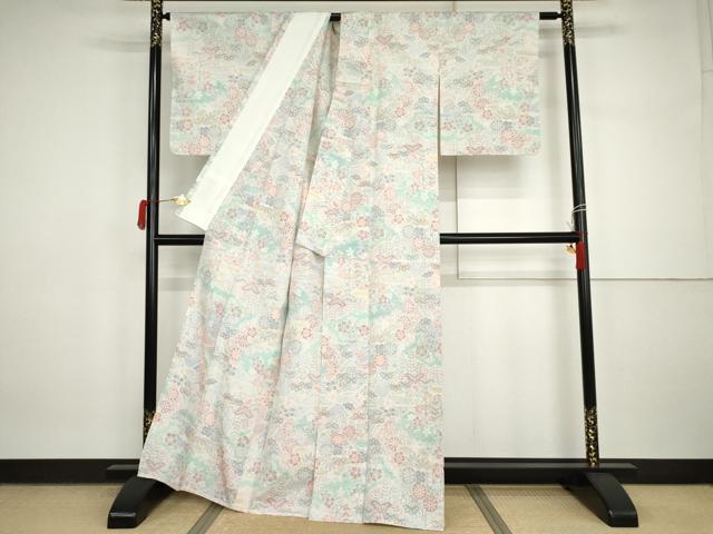 平和屋着物▽上質な紬　単衣　松竹梅文　正絹　逸品　AABI7275cs