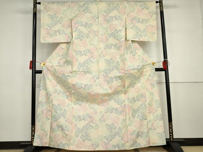 平和屋着物▽上質な紬　単衣　葉尽くし　正絹　逸品　AABI7276cs