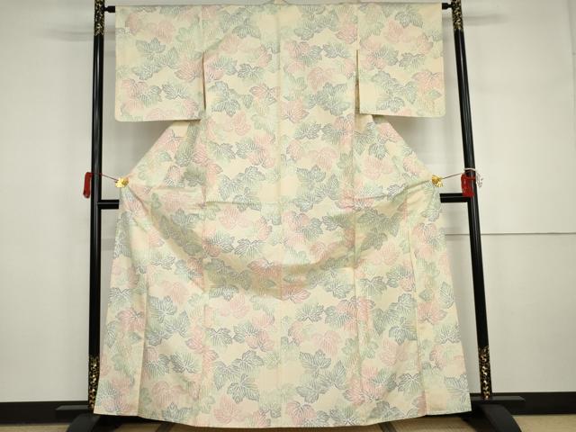平和屋着物▽上質な紬　単衣　葉尽くし　正絹　逸品　AABI7276cs