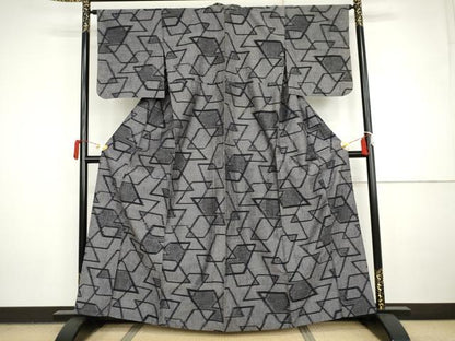 平和屋着物▽上質な紬　単衣　幾何学文様　正絹　逸品　AABI7280cs
