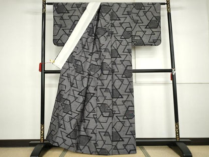 平和屋着物▽上質な紬　単衣　幾何学文様　正絹　逸品　AABI7280cs