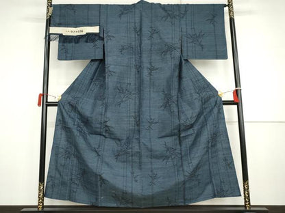 平和屋着物▽ゆきやま紬　単衣　笹竹文　反端付き　正絹　逸品　AABI7281cs