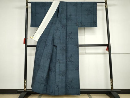 平和屋着物▽ゆきやま紬　単衣　笹竹文　反端付き　正絹　逸品　AABI7281cs