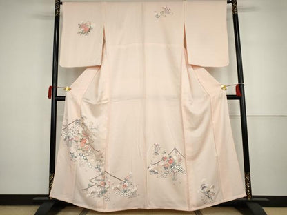 平和屋着物▽訪問着　単衣　友禅　吉祥梅松文　正絹　逸品　AABI7287cs