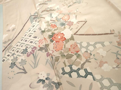 平和屋着物▽訪問着　単衣　友禅　吉祥梅松文　正絹　逸品　AABI7287cs