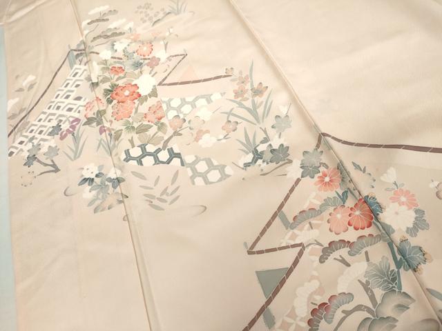 平和屋着物▽訪問着　単衣　友禅　吉祥梅松文　正絹　逸品　AABI7287cs