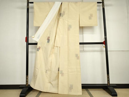 平和屋着物▽上質な紬　単衣　色紙重ね文　正絹　逸品　AABI7290cs