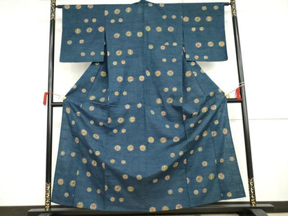 平和屋着物▽上質な紬　単衣　型染め　花丸文　正絹　逸品　AABI7291cs