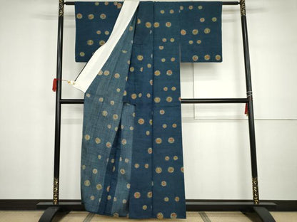 平和屋着物▽上質な紬　単衣　型染め　花丸文　正絹　逸品　AABI7291cs