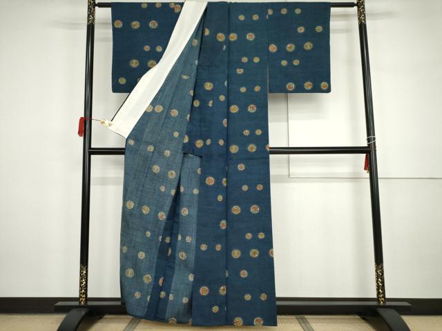 平和屋着物▽上質な紬　単衣　型染め　花丸文　正絹　逸品　AABI7291cs