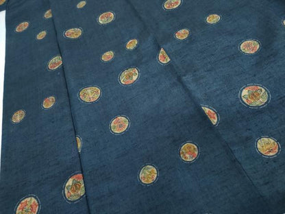 平和屋着物▽上質な紬　単衣　型染め　花丸文　正絹　逸品　AABI7291cs