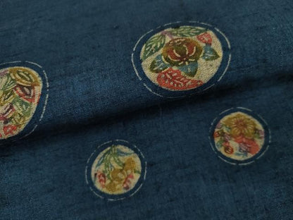 平和屋着物▽上質な紬　単衣　型染め　花丸文　正絹　逸品　AABI7291cs