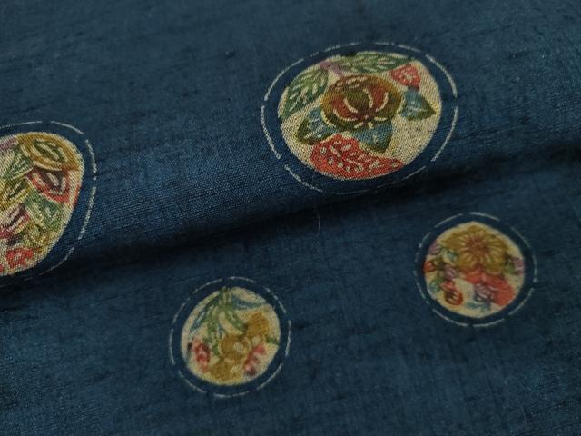 平和屋着物▽上質な紬　単衣　型染め　花丸文　正絹　逸品　AABI7291cs