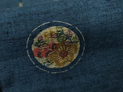 平和屋着物▽上質な紬　単衣　型染め　花丸文　正絹　逸品　AABI7291cs
