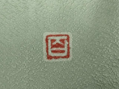平和屋着物▽京加賀友禅　百貫達雄監修　色無地　単衣　紋意匠　錆青磁色　正絹　逸品　AABI7302cs