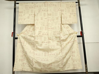平和屋着物▽上質な紬　単衣　幾何学花文　正絹　逸品　AABI7305cs