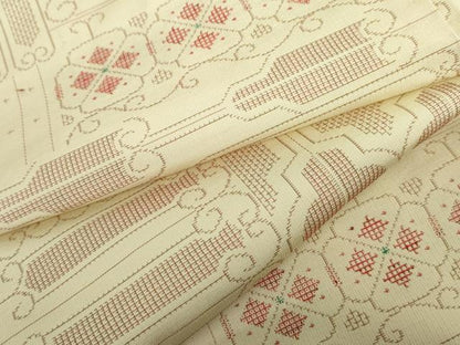 平和屋着物▽上質な紬　単衣　幾何学花文　正絹　逸品　AABI7305cs
