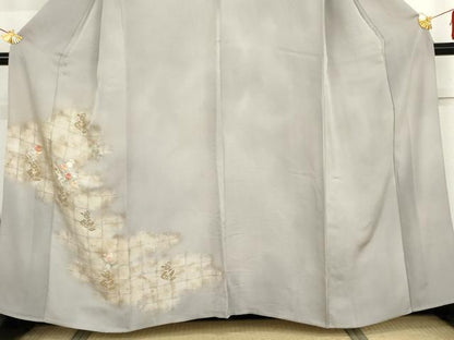 平和屋着物▽訪問着　単衣　刺繍　草花文　暈し染め　金糸　金彩　正絹　逸品　AABI7308cs