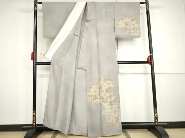 平和屋着物▽訪問着　単衣　刺繍　草花文　暈し染め　金糸　金彩　正絹　逸品　AABI7308cs