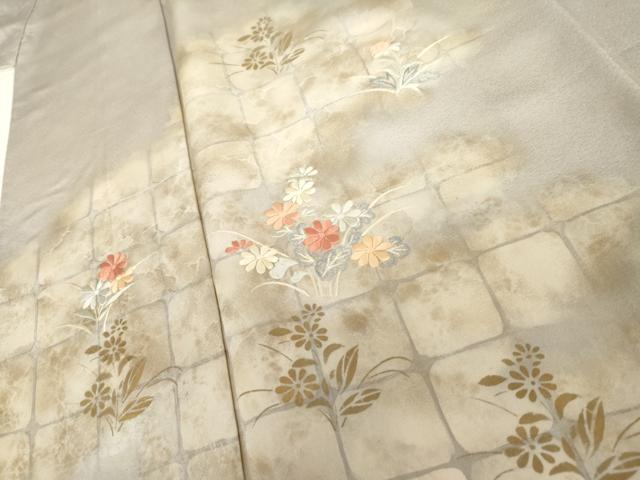 平和屋着物▽訪問着　単衣　刺繍　草花文　暈し染め　金糸　金彩　正絹　逸品　AABI7308cs