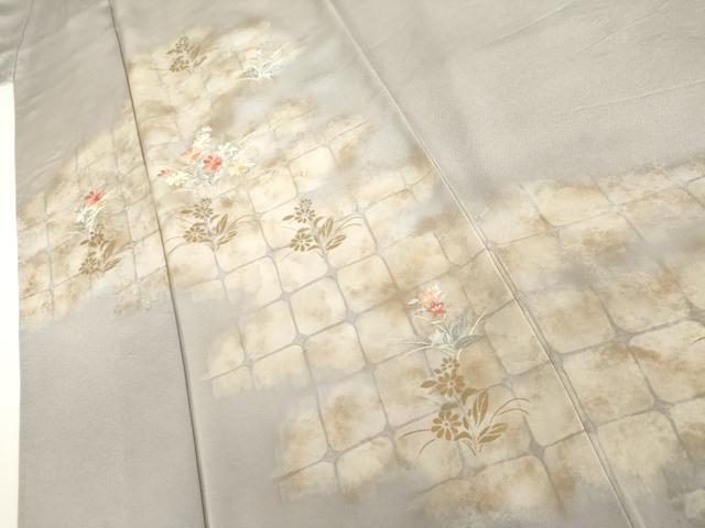 平和屋着物▽訪問着　単衣　刺繍　草花文　暈し染め　金糸　金彩　正絹　逸品　AABI7308cs