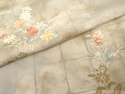 平和屋着物▽訪問着　単衣　刺繍　草花文　暈し染め　金糸　金彩　正絹　逸品　AABI7308cs