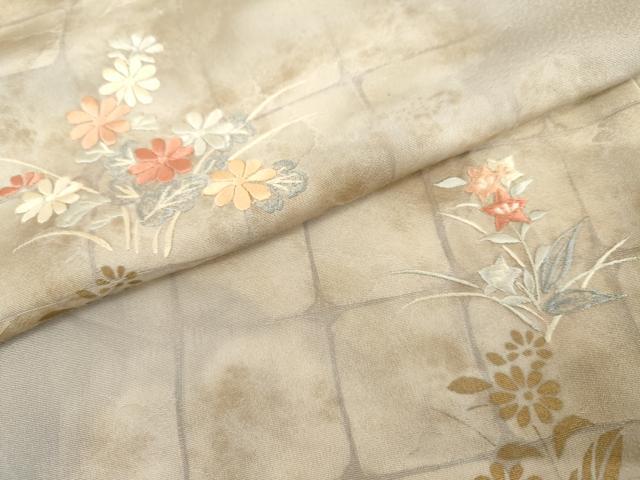 平和屋着物▽訪問着　単衣　刺繍　草花文　暈し染め　金糸　金彩　正絹　逸品　AABI7308cs