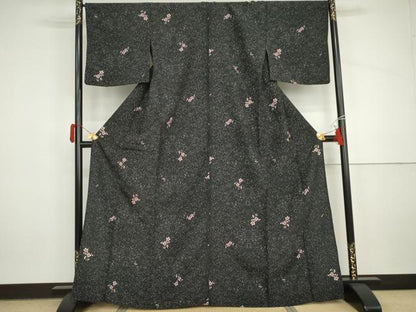 平和屋着物▽小紋　単衣　枝花文　黒地　洗える着物　AABI7311cs
