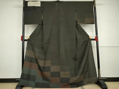 平和屋着物▽赤城紬　単衣　草木染工房　格子　黒地　証紙付き　正絹　逸品　AABI7312cs