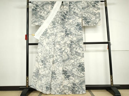 平和屋着物▽上質な小紋　単衣　渡り橋風景花松文　鬼しぼ縮緬　正絹　逸品　AABI7315cs