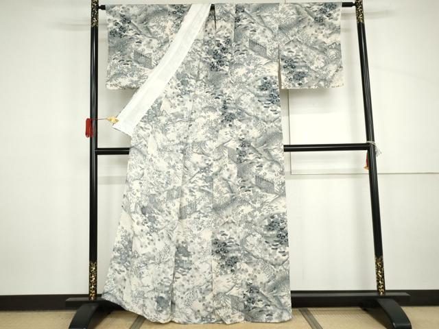 平和屋着物▽上質な小紋　単衣　渡り橋風景花松文　鬼しぼ縮緬　正絹　逸品　AABI7315cs
