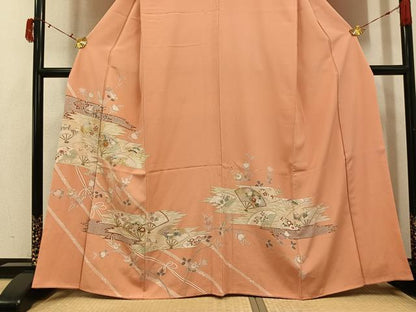 平和屋着物●訪問着　駒刺繍　扇面花文　金銀彩　正絹　逸品　AABI7325ph