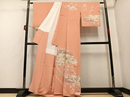 平和屋着物●訪問着　駒刺繍　扇面花文　金銀彩　正絹　逸品　AABI7325ph
