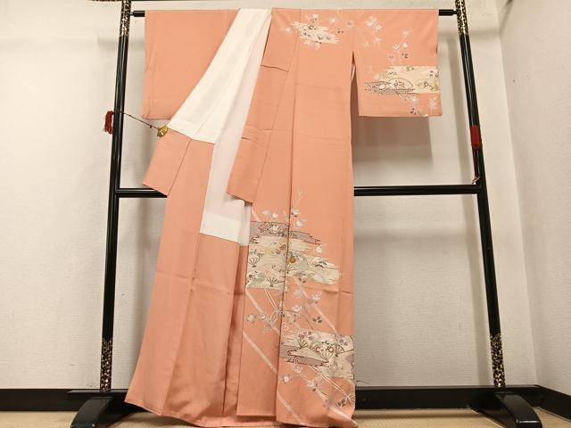 平和屋着物●訪問着　駒刺繍　扇面花文　金銀彩　正絹　逸品　AABI7325ph