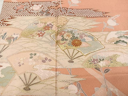 平和屋着物●訪問着　駒刺繍　扇面花文　金銀彩　正絹　逸品　AABI7325ph
