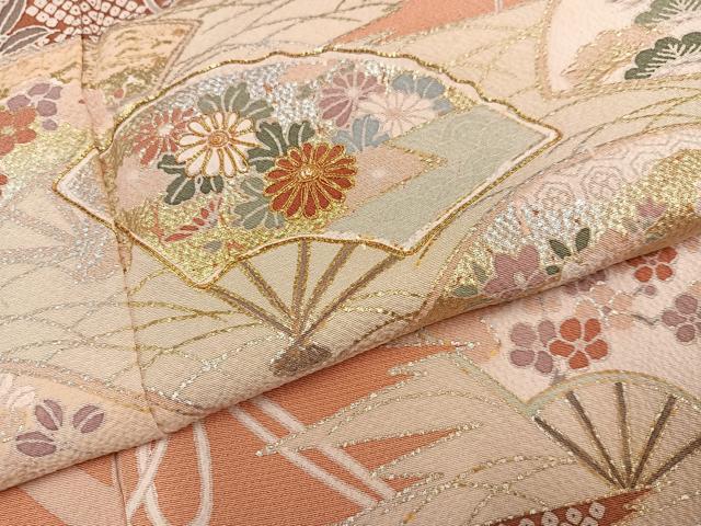 平和屋着物●訪問着　駒刺繍　扇面花文　金銀彩　正絹　逸品　AABI7325ph