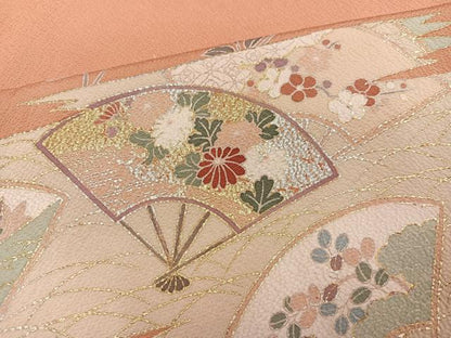 平和屋着物●訪問着　駒刺繍　扇面花文　金銀彩　正絹　逸品　AABI7325ph