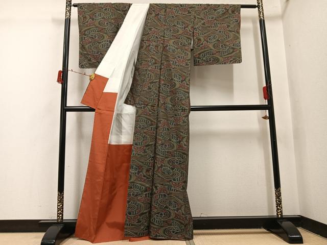 平和屋着物●上質な紬　流水花文　正絹　逸品　AABI7342ph