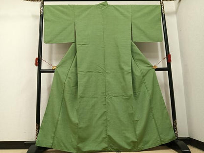 平和屋着物●上質な紬　色無地　山葵色　正絹　逸品　AABI7346ph