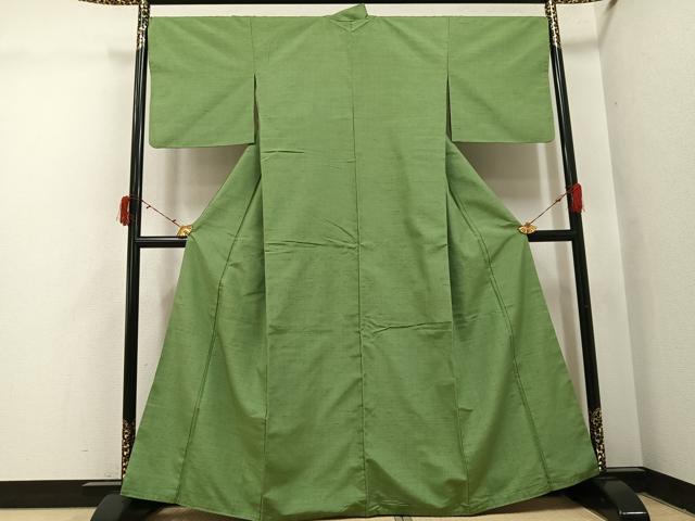 平和屋着物●上質な紬　色無地　山葵色　正絹　逸品　AABI7346ph