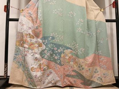 平和屋着物●訪問着　作家物　泰常　駒刺繍　絞り　金彩　金通し地　正絹　逸品　AABI7351ph