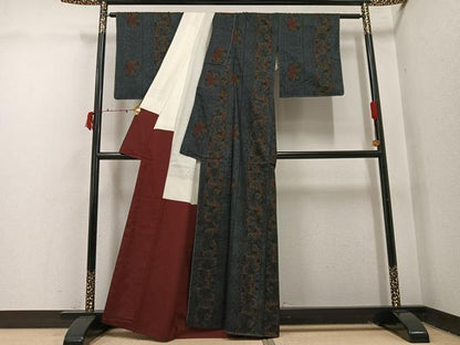 平和屋着物●本場大島紬　古代染色純泥染　一元7マルキ　草花間道　証紙付き　正絹　逸品　未使用　AABI7391ph